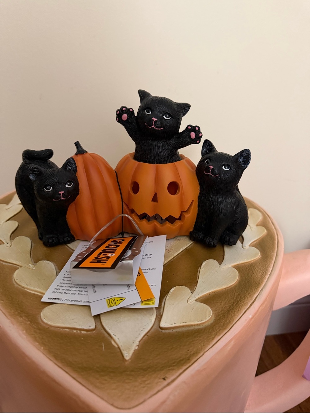 Ghoulish Halloween Light Up Resin Pumpkins with Black Cats